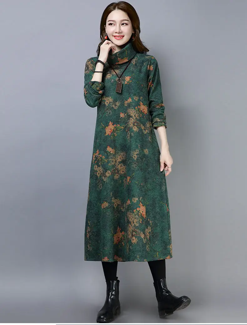 

2020 New Autumn Winter Women Dress Vintage Loose Thick Wollen Printing Long Dress Vestidos Robe Dresses Bottoming Dress
