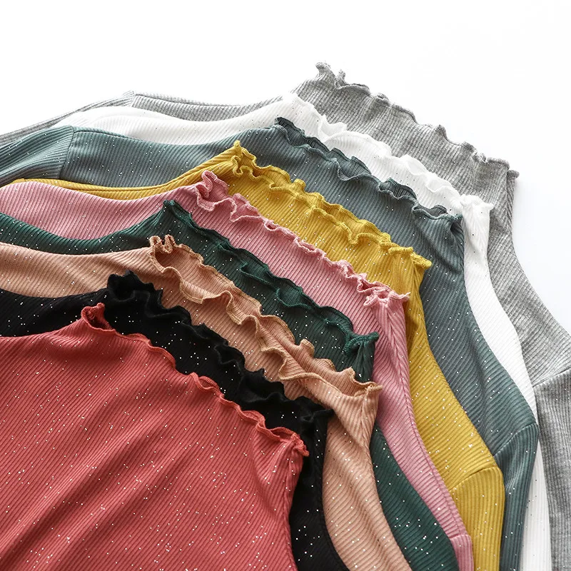 

Sequins Solid Color Bottoming T-Shirt Women Autumn Long Sleeve Tshirt Women Camiseta Mujer Turtleneck Slim Ladies T Shirt C6512