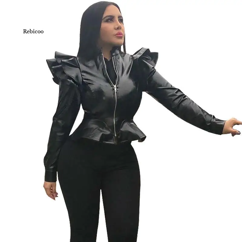 

Solid Faux Leather Bomber Jacket Women Long Sleeve Zipper Ruffle Shrug Motorcycle Jackets Slim Short Coats and Jackets Outerwear