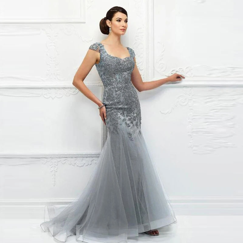 

Luxury Silver Mermaid Beading Lace Applique Mother of the Bride Dresses Cap Sleeve Wedding Party Gowns Square Neck Backless