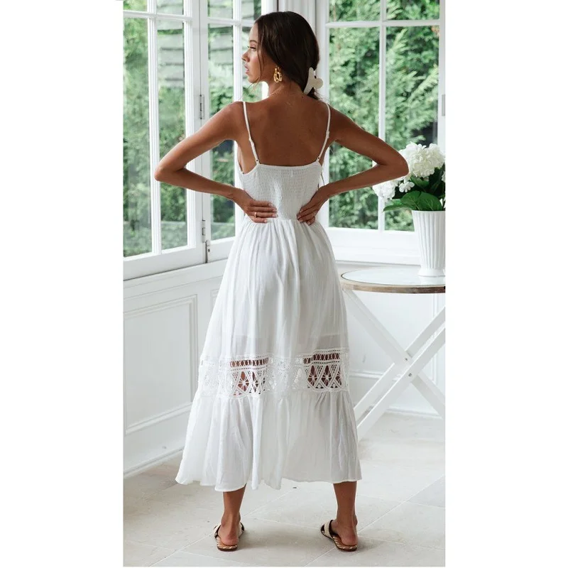 

ZOGAA White Lace Summer Dress Women Sexy Sleeveless Hollow Out Spaghetti Maxi Dress Ladies V Neck Beach Casual Elegant Vestidos