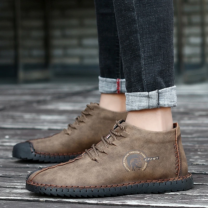 Зимняя мягкая мужская обувь на плоской подошве кожаные мужские ботинки высокие