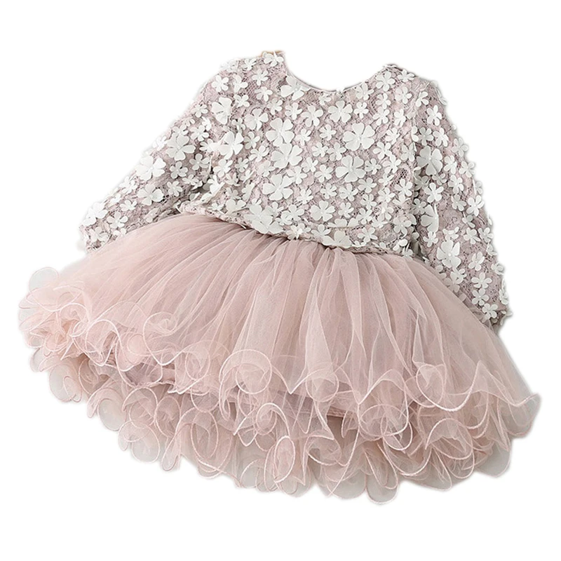 Детское Хлопковое платье-пачка с длинным рукавом цветочной вышивкой для девочек