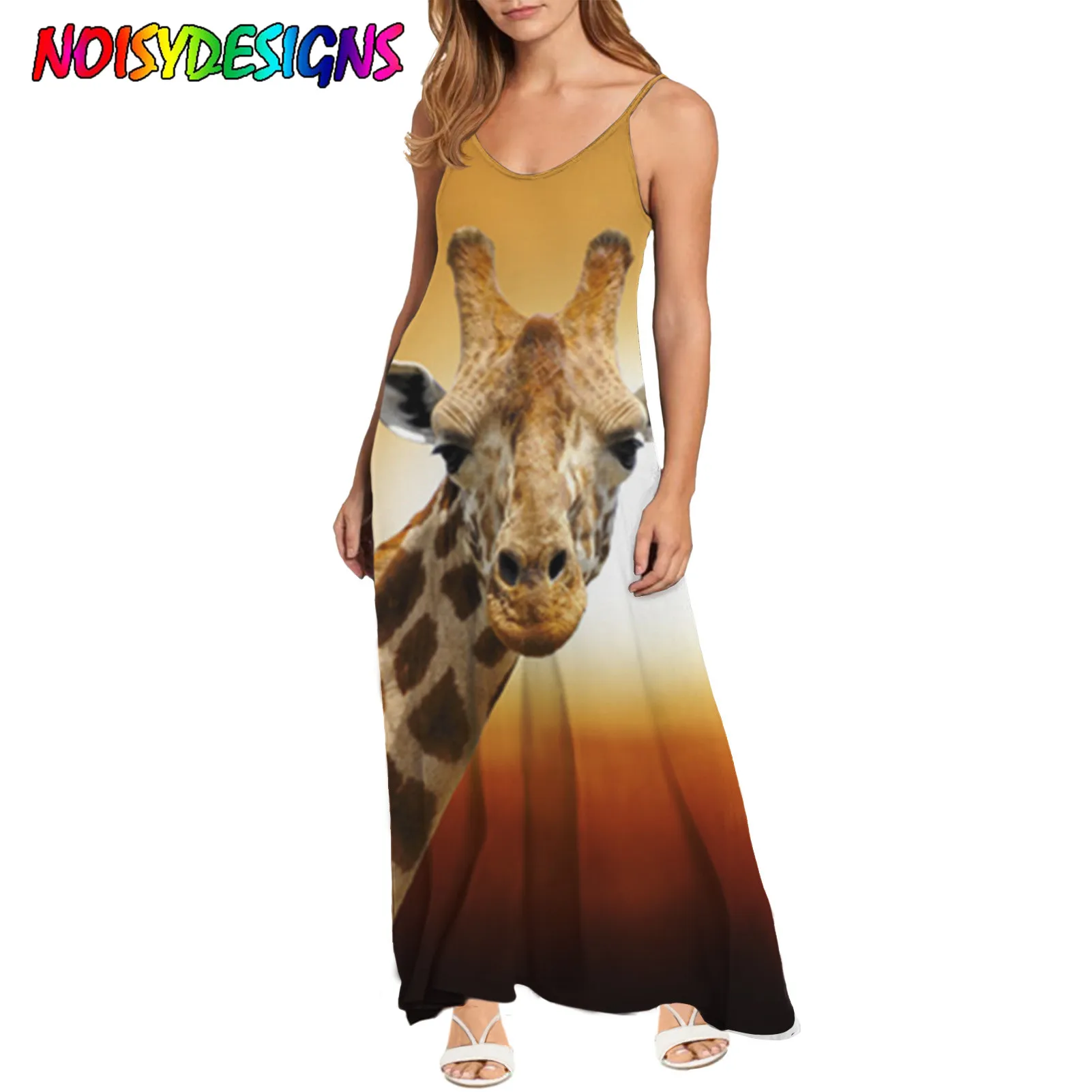 

NOISYDESIGNS Women's Summer Spaghetti Strap Long Dress Giraffe Prints Female Sleeveless Streetwear Vestidos Ladies Sundress 2021