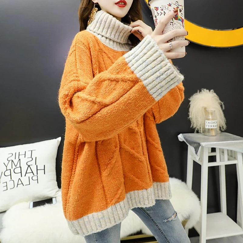 

Осенне-зимний женский толстый свитер с высоким воротником, женский свободный вязаный пуловер с длинными рукавами, женский джемпер