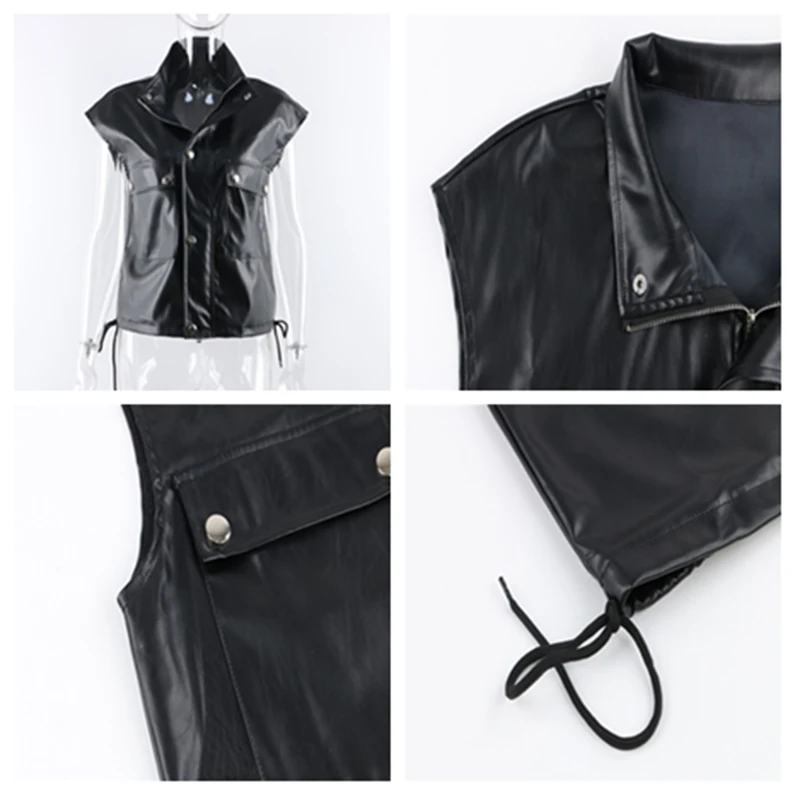 

Winter Casual Sleeveless Faux Lether Jacket Women Fashion Zipper Short Loose PU Coat Female Pocket Oversized Vest Ladies 2020