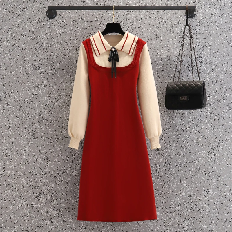 

4XL plus size women elegant Patchwork casual dresses autumn winter 2021 fashion Lantern sleeve bow thick kintting sweater dress