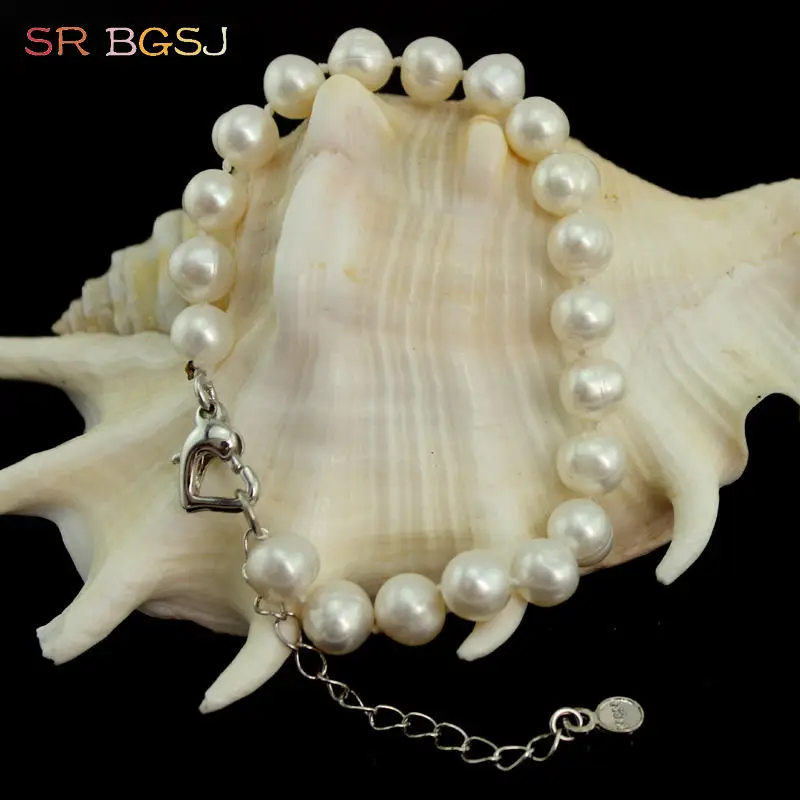 

Free Shipping BGSJ 8-9mm Nearly Round Freshwater Pearl Knot Adjustable Jewelry Heart Clasp Hook Natural Pealr Bracelet 7inch