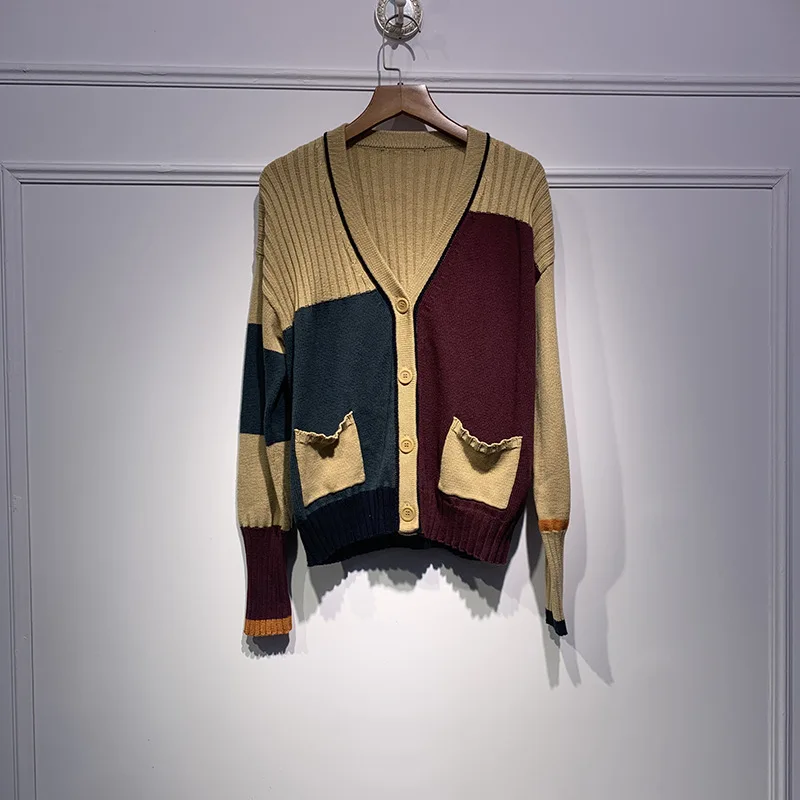 

2020 Autumn and Winter Fashion All-match Color Matching Sweater Top Women V-neck Long-sleeved Cardigan Sweater Jacket