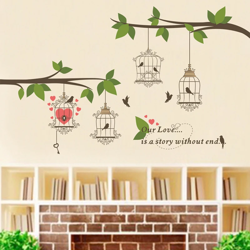 

Bird Cage Tree Branch Wall Stickers For Living Room Bedroom Decorations Home PVC DIY Decor English Characters Mural Art Decals
