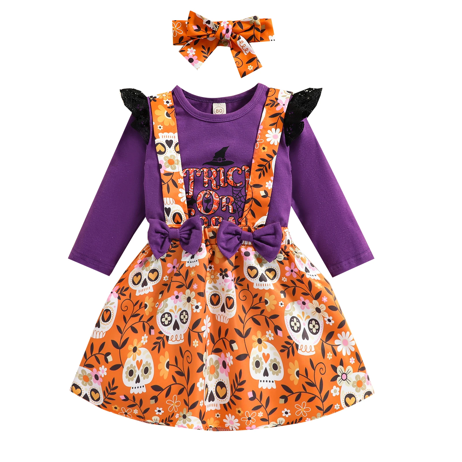 

Emmababy 2 Pcs Girls Casual Outfits, Letter Print Lace Fly Sleeve Pullover + Skull & Flower Pattern Overalls with Bows Headband