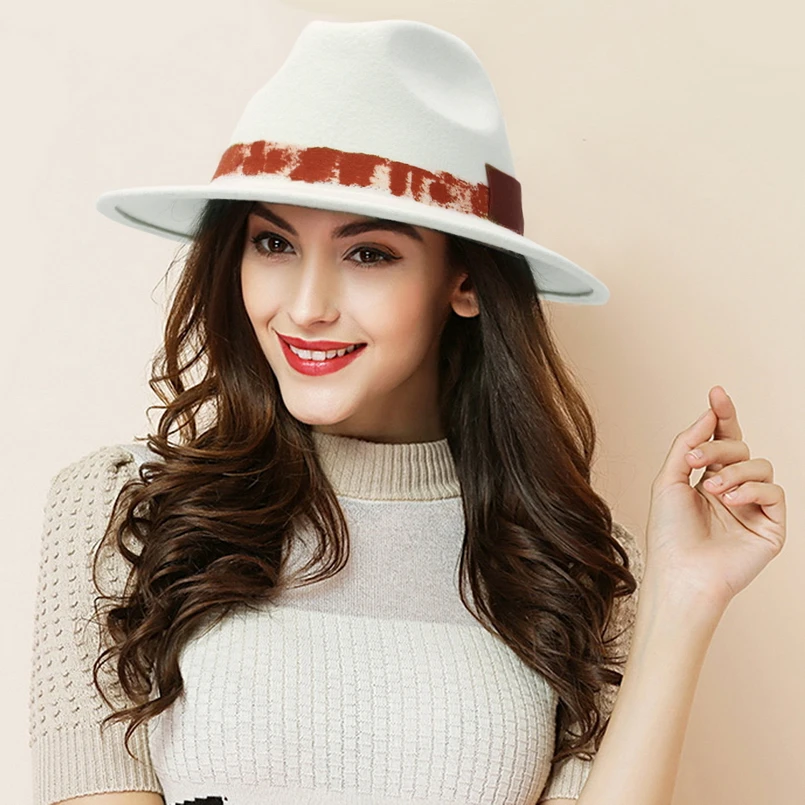 

GEMVIE 100% Wool Felt Graffiti White Fedora Hat For Women New Wide Brim Panama Style Winter Hat