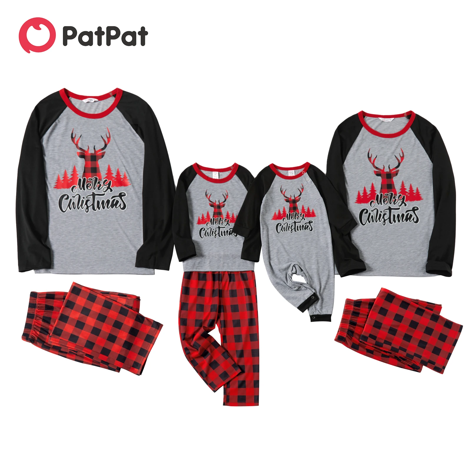 

PatPat Christmas Reindeer and Letter Print Family Matching Raglan Long-sleeve Plaid Pajamas Sets (Flame Resistant)