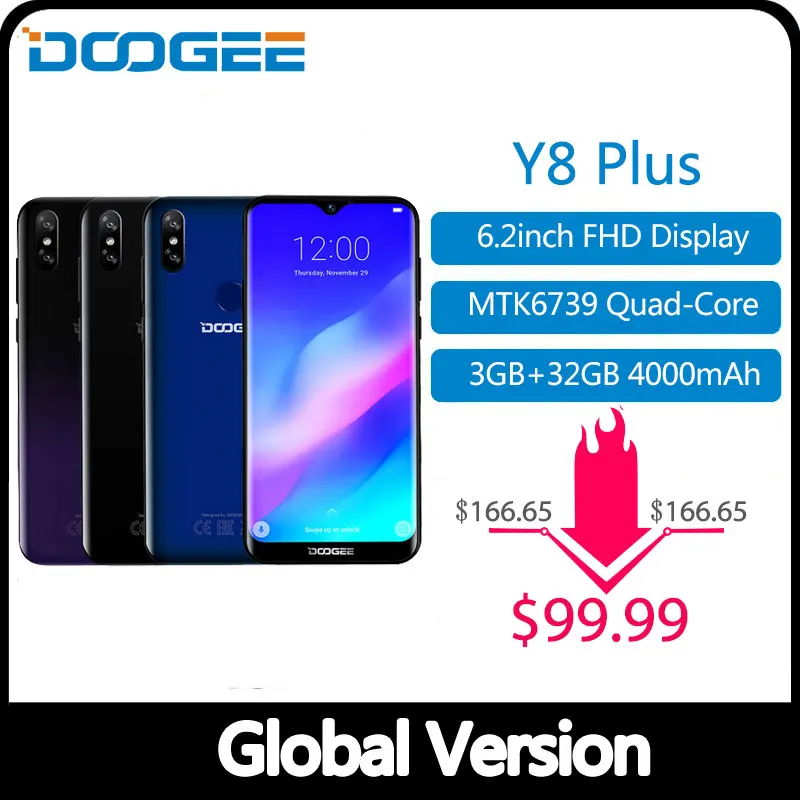 DOOGEE Y8 Plus MTK6761, 3 ГБ ОЗУ, 32 Гб ПЗУ, 4000 мА/ч, Android 9,0, FDD LTE, 6,21 дюймов, 19:9, экран капли воды, смартфон, две sim-карты, 13,0 МП