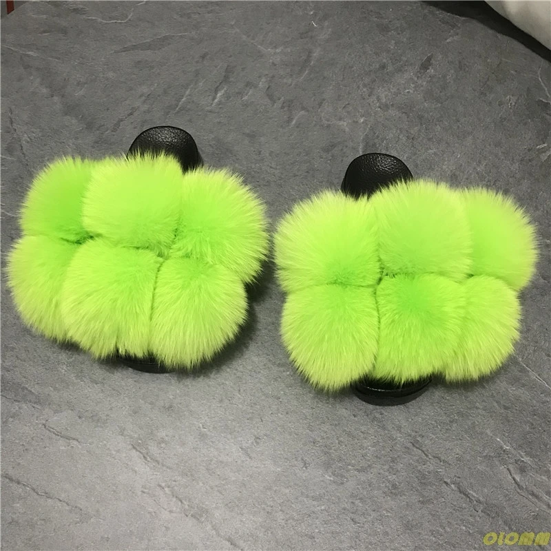 

2021 New Women's Furry Slippers Ladies Cute Plush Fox Fur Balls Slippers Women's Raccoon Fur Flower Slides Summer Shoes