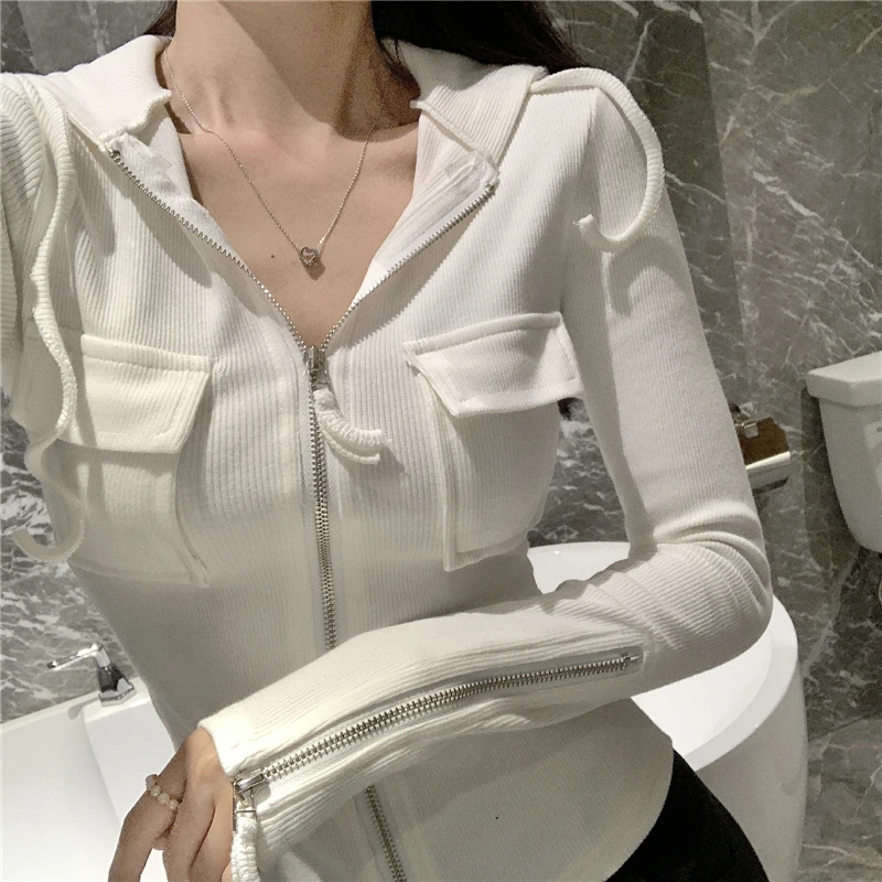 

Korean Clothes Spring Autumn Hooded Pocket Sweater Women Slim Zipper Cardigan Long Sleeve Stretchy Knitted Jumper Tops