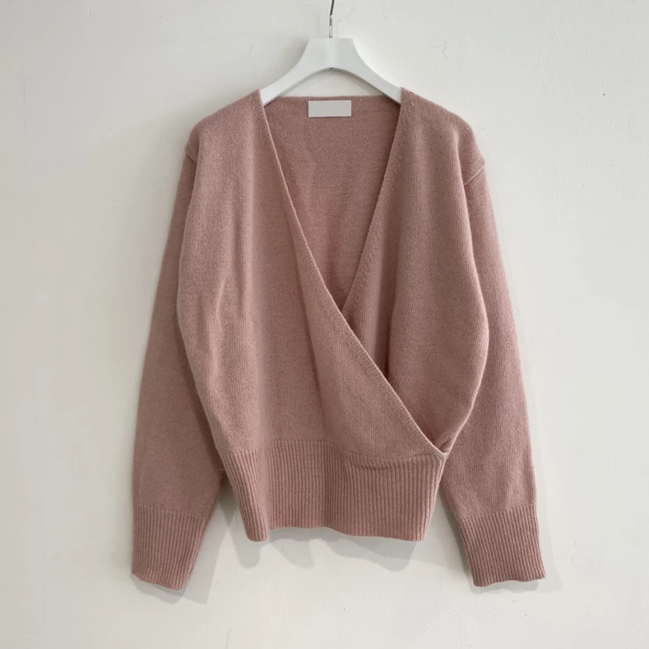 Deep V-Neck Sweater Women Fashion 2020 Long Sleeve Criss-cross Knitted Tops Solid Puff Elegant Knitwear Pullovers | Женская одежда