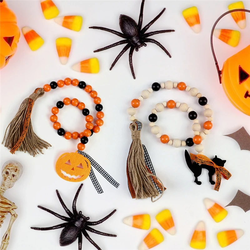 

3pcs Halloween Wooden Bead Tassels With Pumpkin Ghost And Cat Tiered Tray Decor Party Farmhouse Country Beads Garland Decoration