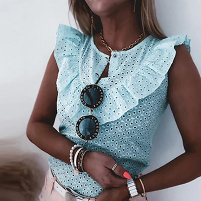 

Summer Office Lady Elegant Ruffled O-Neck Blouse Shirt For Women Casual Sleeveless Slim Blouses 2021 New Fashion Hollow Out Tops