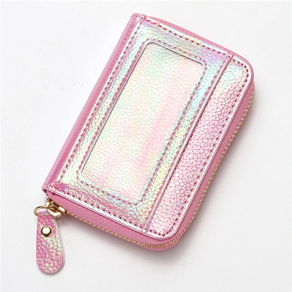 pink PURDORED 1 шт. лазерная мини ID карта визитница для кредитных карт женский держатель для карт из искусственной кожи органайзер для банковских карт Carteira Tarjetero - Цвет: pink