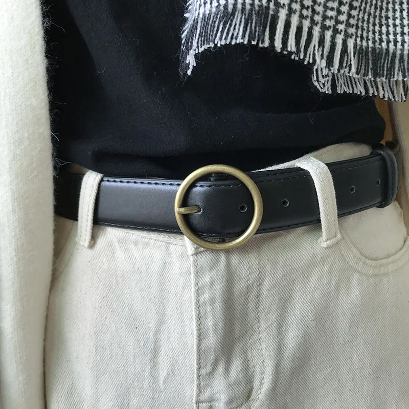 Корейский стиль Женская винтажный ремень с круглой пряжкой черного и