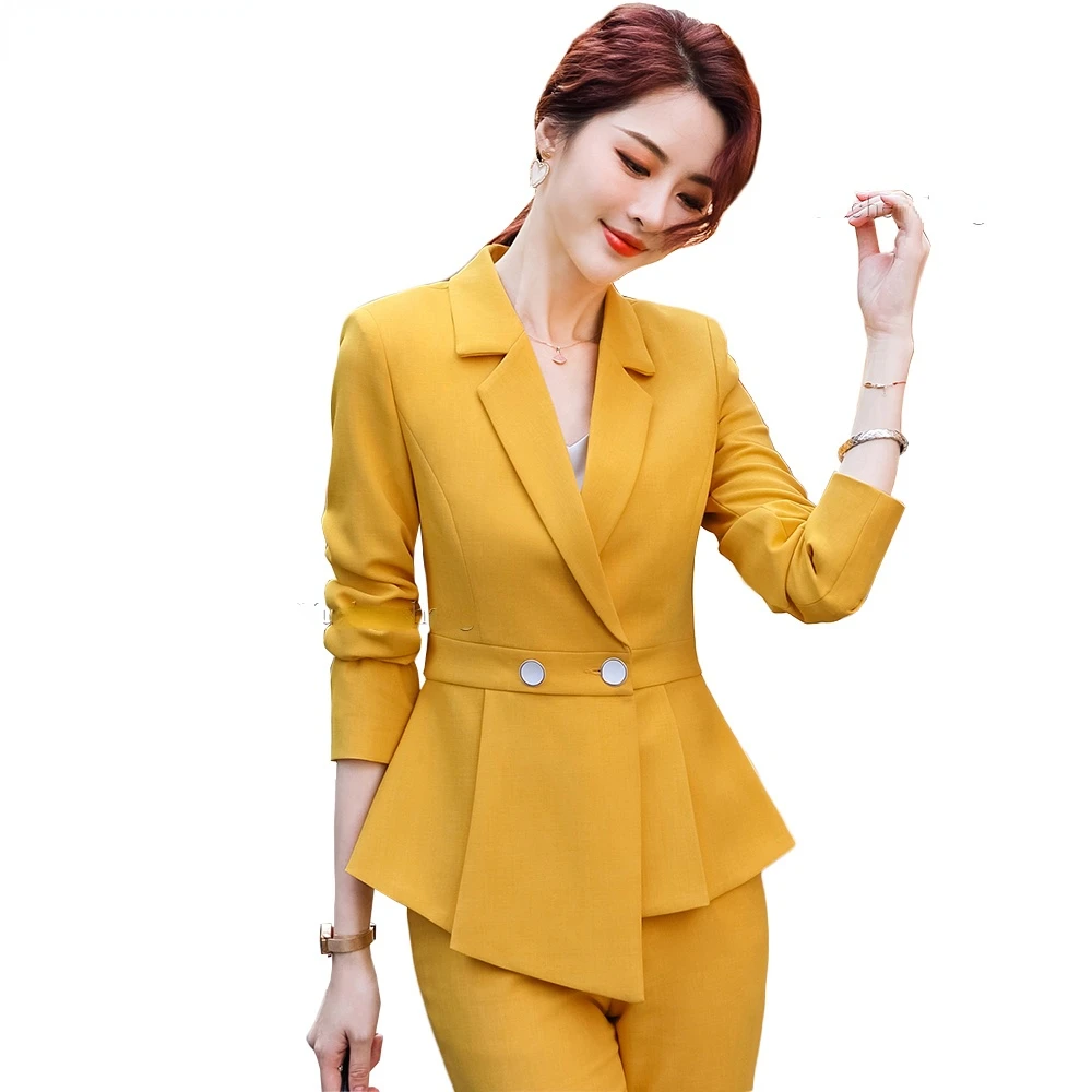 

Fashion Asymmetric Ruffle Blazer Jacket Coat Women's 2021 Green Yellow Pink Solid Tops For Office Lady Wear Size S-4XL