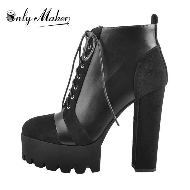 

Onlymaker Women Platform 13~14cm Heels Lace-up Flock ankle boots thick high heel Zip for women plus size