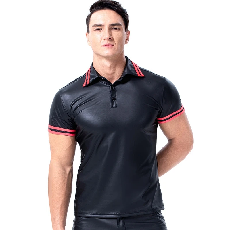 

Sexy Men's Fun Patent Leather Black T-Shirt Tops Tees Men Wet Look Fetish Latex Shirts DS Nightclub Catsuit Exotic T Shirts