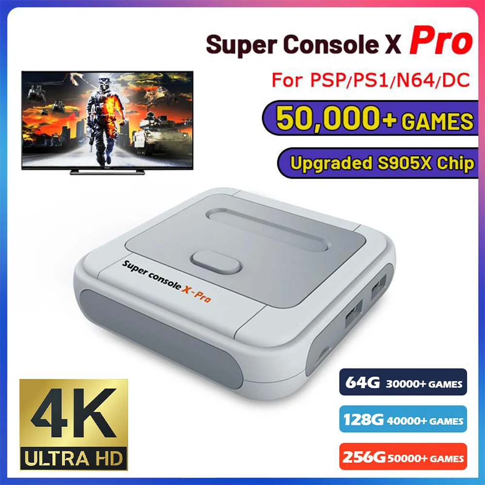

Ретро игровая консоль X PRO с Wi-Fi, 50000 + игр, двойная система, 4K HD ТВ, видео игровые консоли для PS1/N64/DC 256G