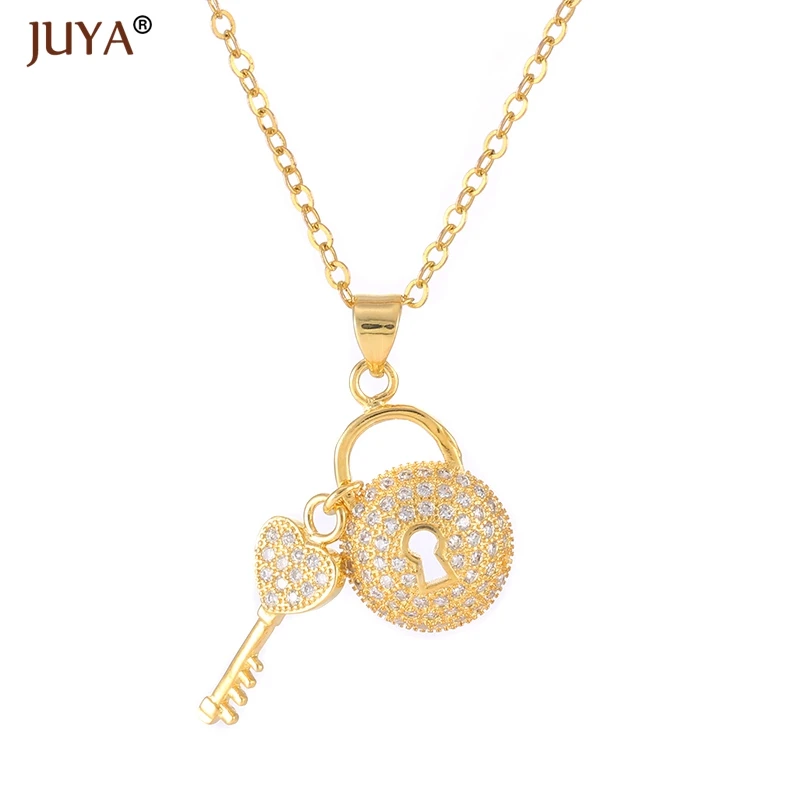 fashion statement necklaces for women Luxury Jewelry Copper Zircon Rhinestone Key Pendants Necklace Silver Femme