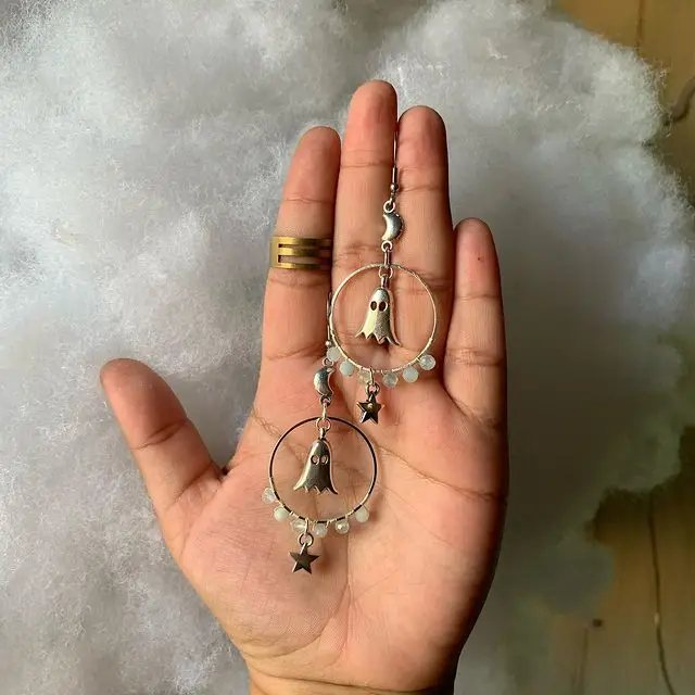 

Ghost Earrings with moonstones, Halloween Spooky Earrings, Ghost Charm on Silver plated earrings,Halloween Gifts