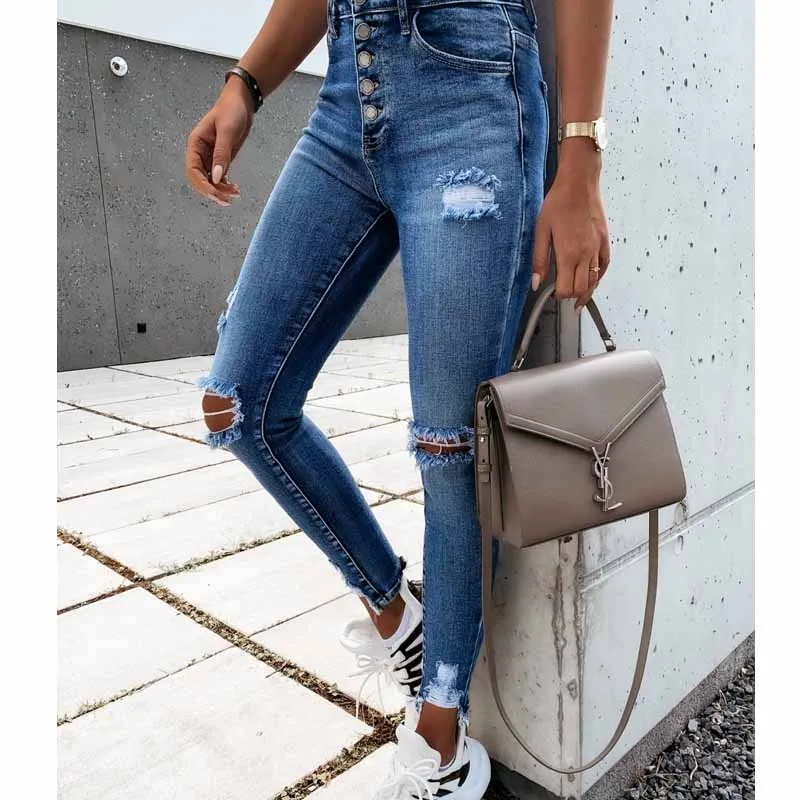2021 Spring Autumn New High Street Elasticity Skinny Jeans Women Fashion Hole Bleached Vintage Push Up Slim Denim Pants Femme