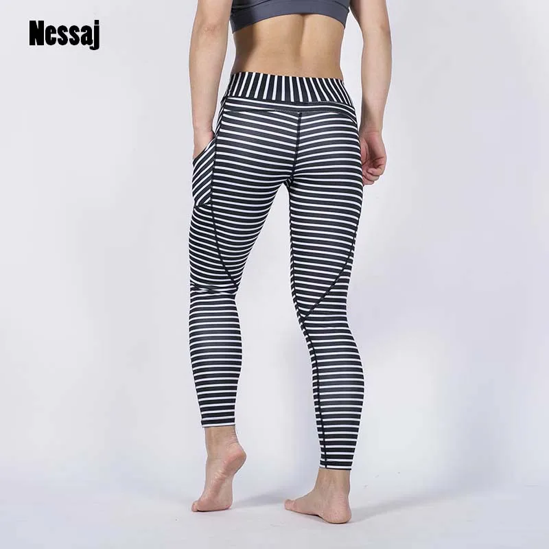 Женские леггинсы в полоску Nessaj штаны пэчворк с высокой талией и карманами