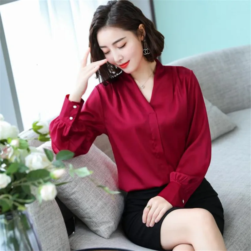 2019 Lente Nieuwe Mode Vrouwen повседневные сексуальные v-образный вырез атласные блузки Lange Mouw