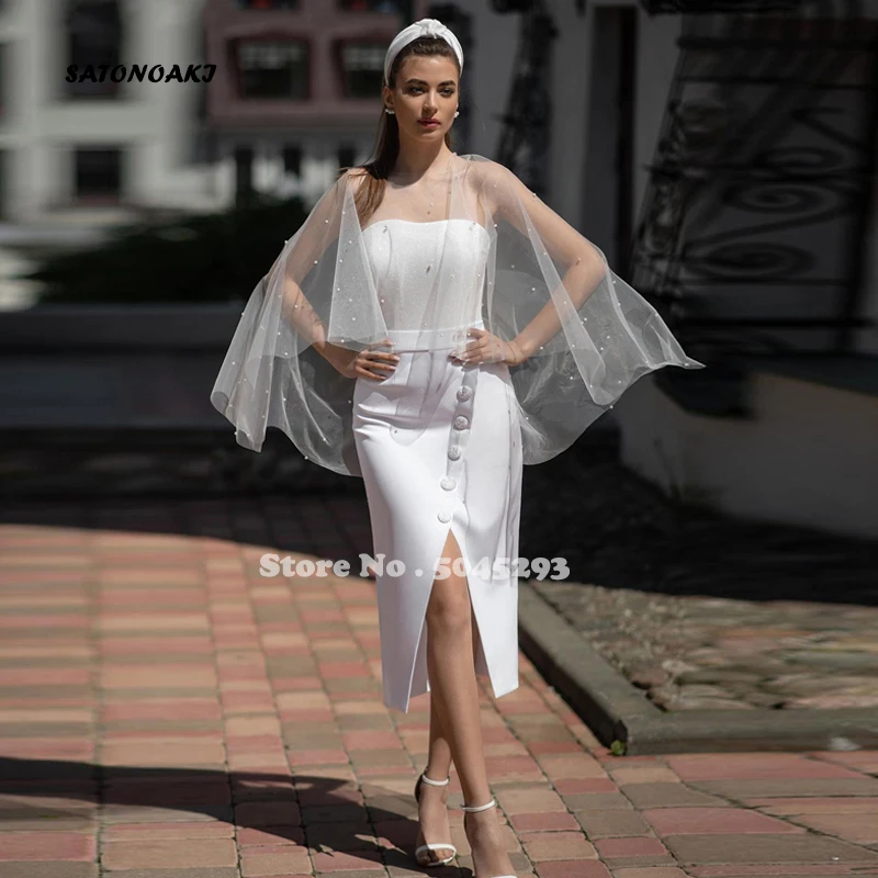 

Simple Short Mermaid Wedding Dresses Tea Length Strapless Pearls Cloak Sparkle Top with Slit Bridal Gowns Vestido De Novia India