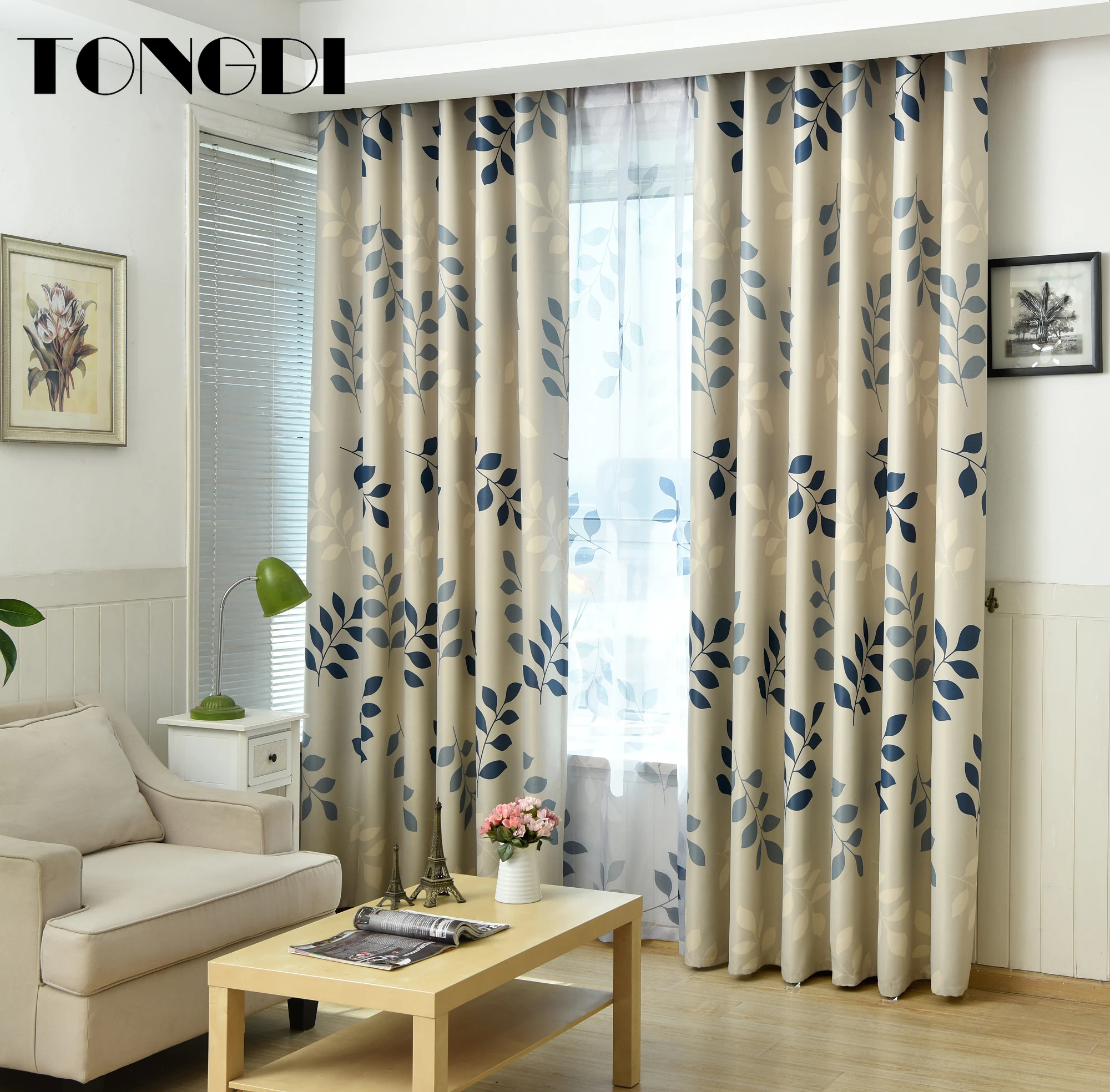 Светонепроницаемые шторы TONGDI с изображением зеленых элегантных листьев