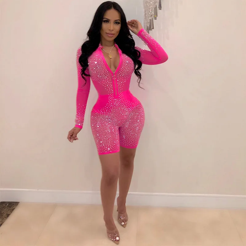 

Pink Black Bling Diamonds Sexy Playsuits Long Sleeve Mesh See Through Zipper Low Cut Jumsuit Women Bodycon Overalls Clubwear