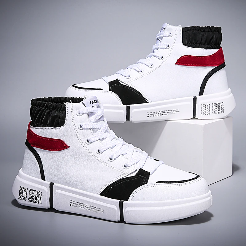 Высокие мужские кроссовки для бега спортивные из искусственной кожи на плоской