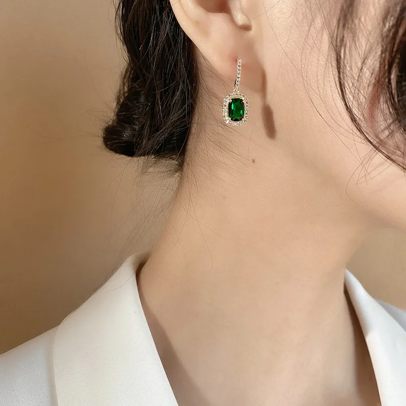 

S925 Silver Baroque Green Stone Earrings Zircon Drop Dangle Vintage Hoop Charms Earring for Women Gold Plated Wedding Jewelry