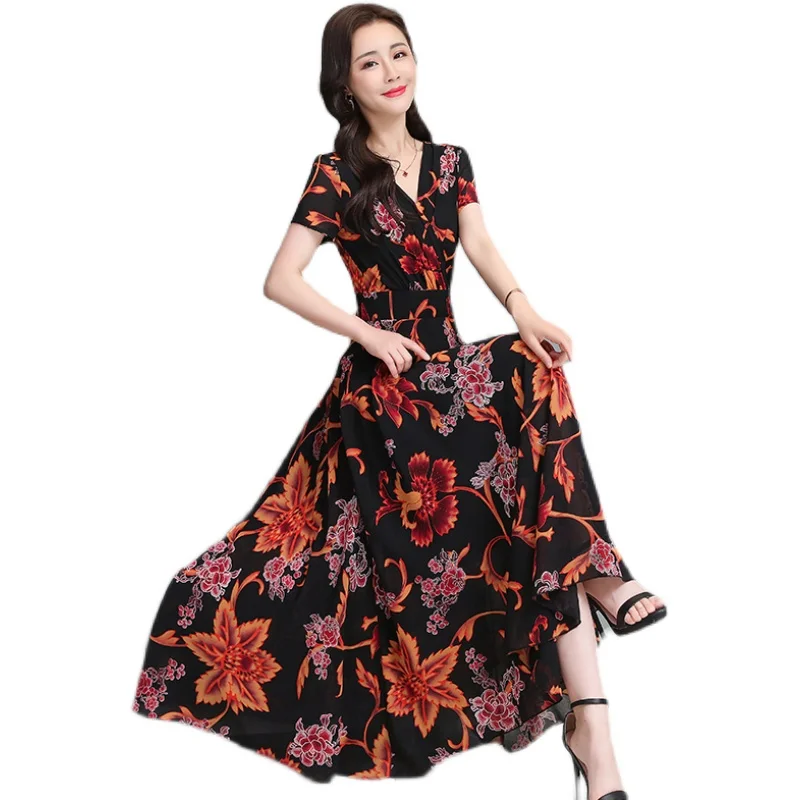 

Spring and Summer Beach Chiffon Dress Women Long Sleeve Slim Waist V-Neck Chiffon Midi Long Dresses M-3XL