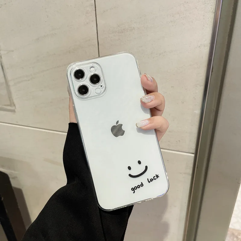 Clear Couple phone case silicone smiley cover cute capa for iphone 8 7 plus 12 13 pro max mini x xr xs  max 11 good luck shell