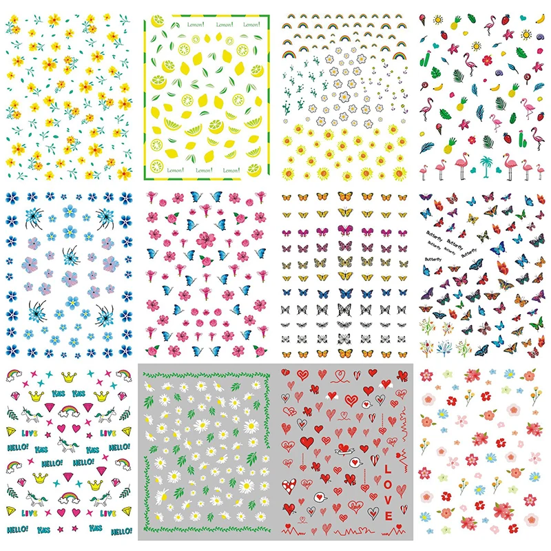 12pcs Multi-style Nail Stickers Daisy Butterfly Rainbow Flower Manicure Sticker Set DIY Nail Art Decal Colorful Nail Art Sticker