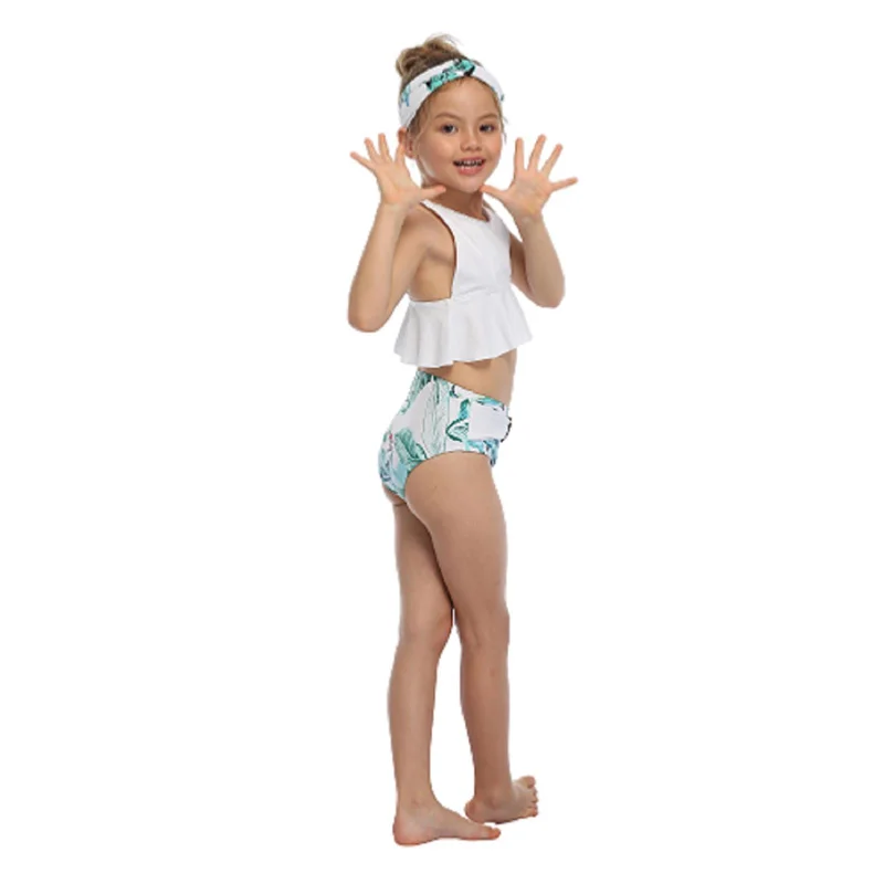 2021 Meihuida 2 Pieces Kids Swimsuits Solid Color U-Neck Sleeveless Tops+ Floral Print Swimming Trunks for Girls White Gilrs | Спорт и