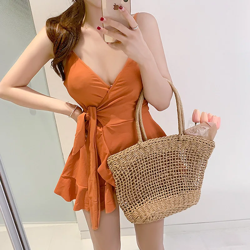 

2021 New One Piece Swimsuit Women Solid Swimwear Monokini Up Swim Suit Korea Trikini Push Up Pad Bathing Suit Swimskirt