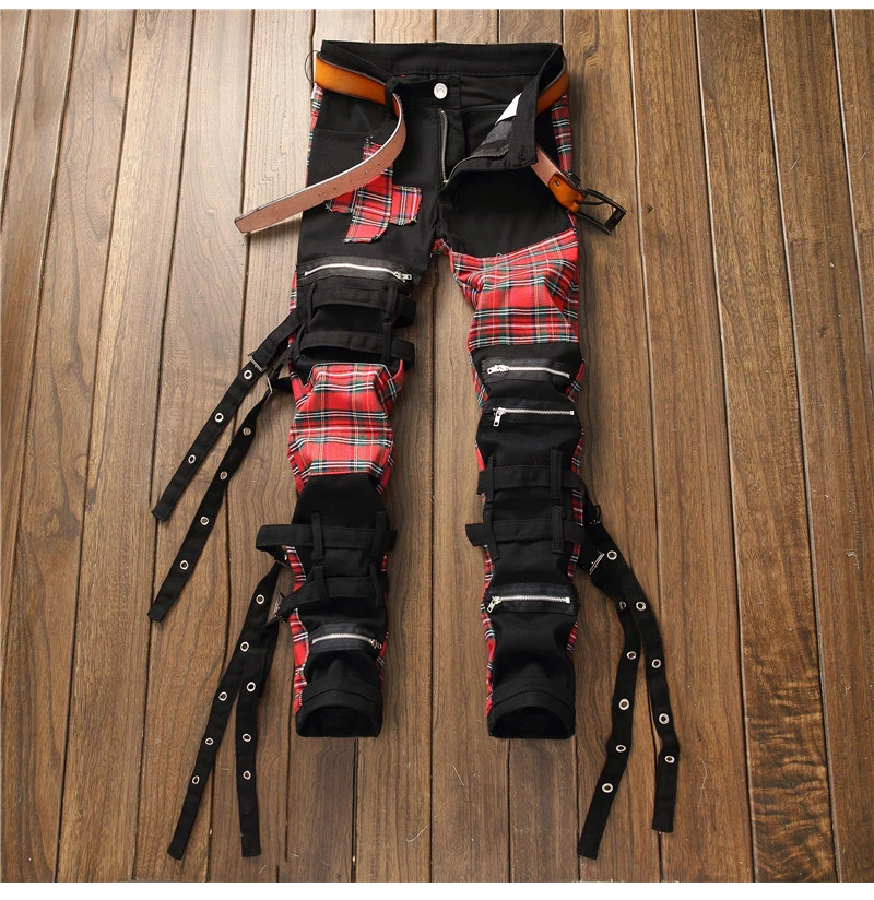 

Sokotoo Men's Scotland plaid patchwork cross slim straight jeans Trendy bandage denim pants