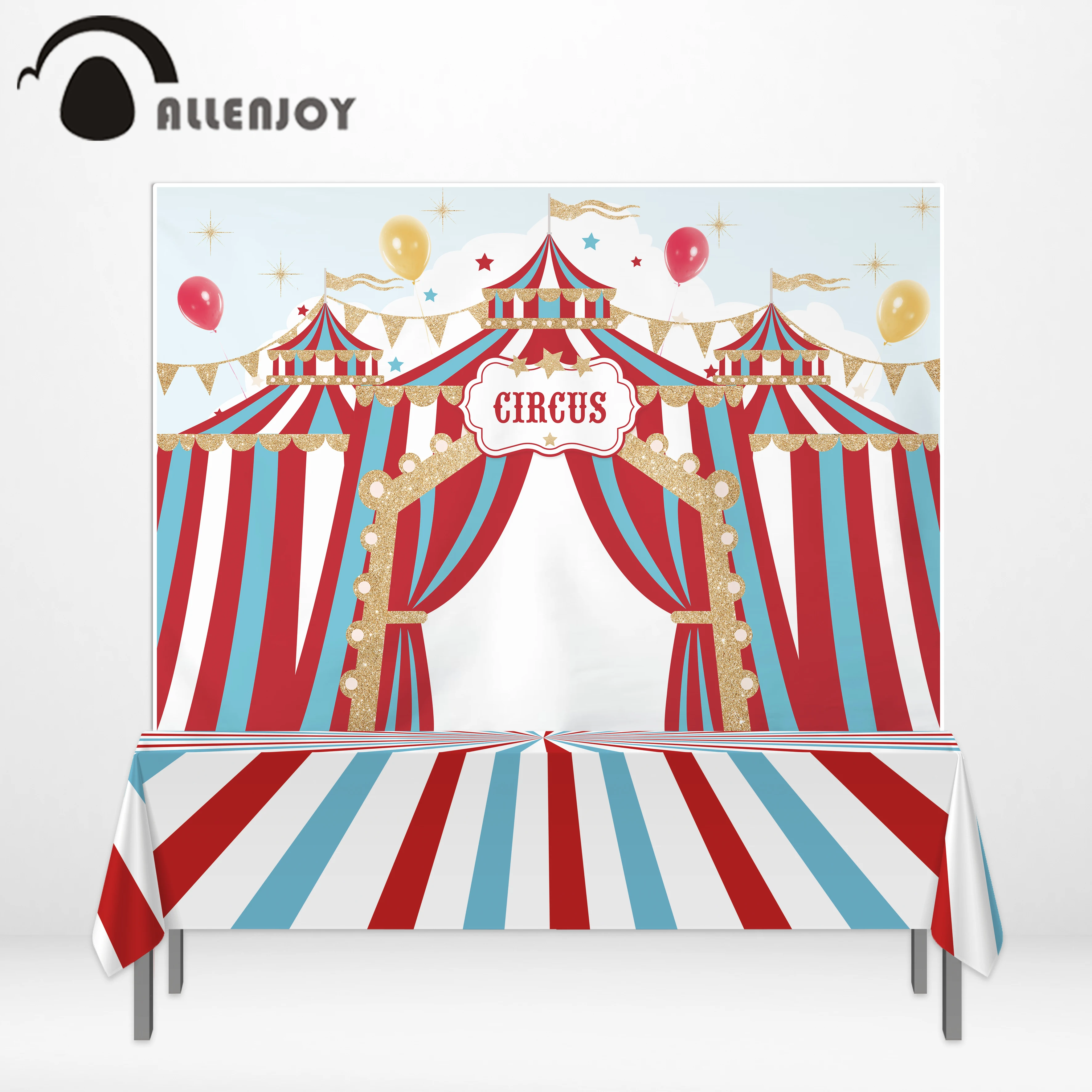 Allenjoy tablecloth photocall backdrop circus party golden flag blue red stripe birthday celebration children balloon tablecover |