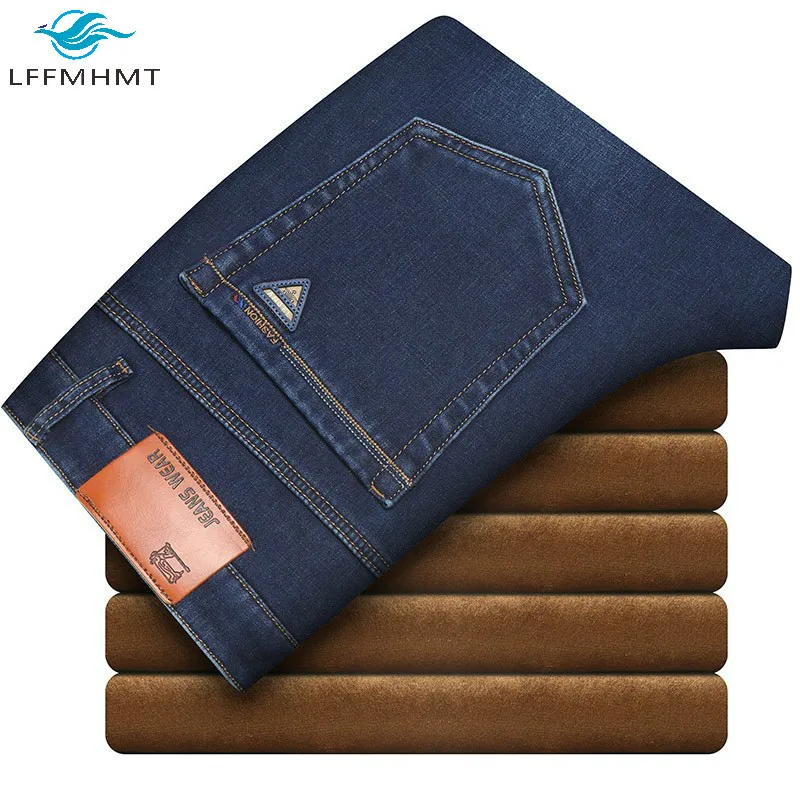 

Men Winter Fashion Brand Fleece Jeans Business Casual Straight Denim Pant Male Large Size Snugly Blue Thick Warm Jean Trousers