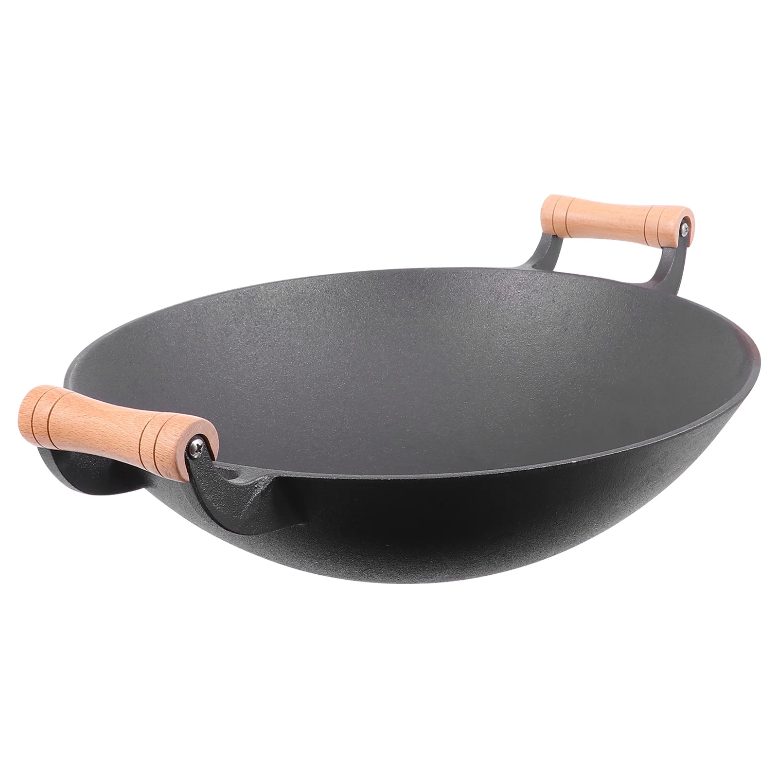 

1 Pc Wooden Double Handle Cast Iron Non-stick Cooking Pot Household Thickening Wok (Black)