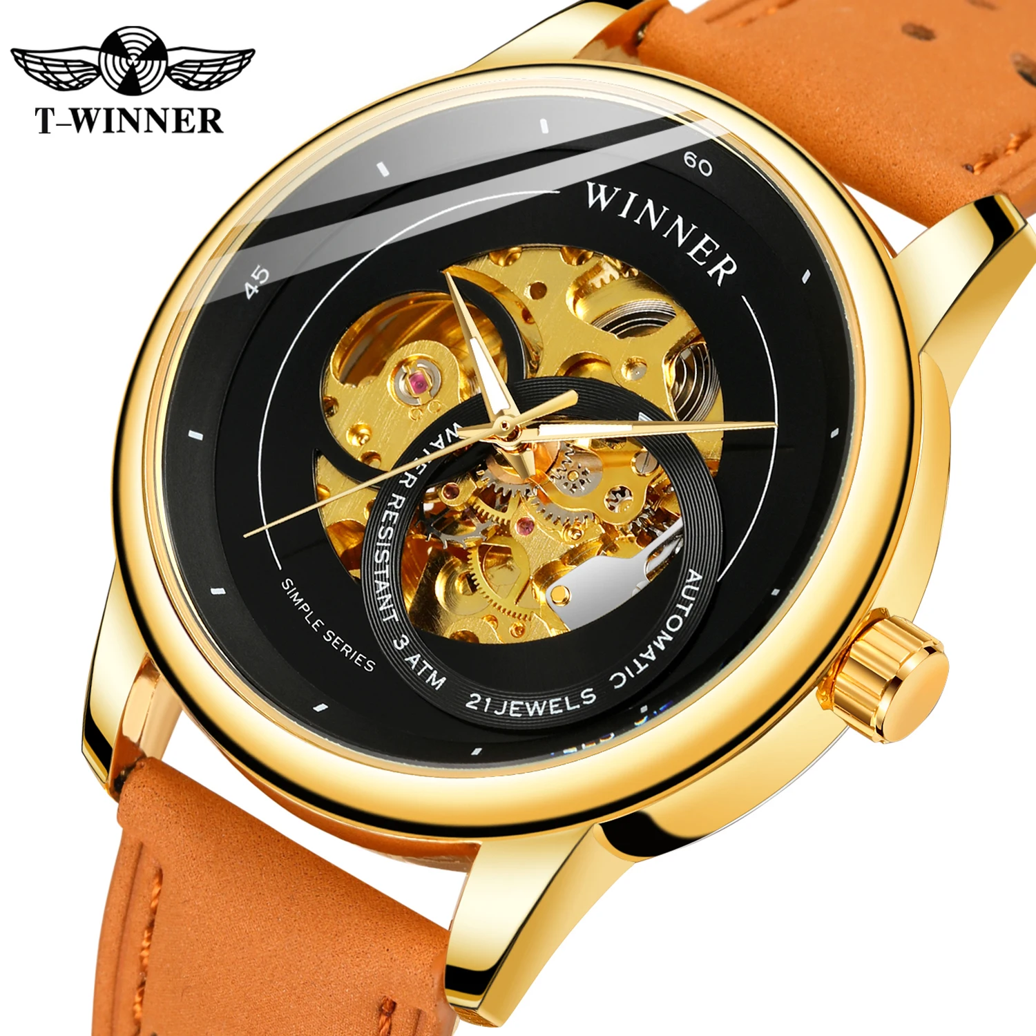 

Forsining 2021 New Design Hollow Engraving Black Gold Case Leather Skeleton Mechanical Watches Men Luxury Brand Heren Horloge