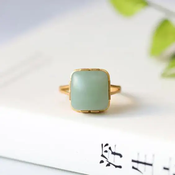 

S925 Sterling Silver Natural Hetian Jade Simple Jasper Square Ring Gem Ring Pink Green Ring Birthday Gift Jewelry